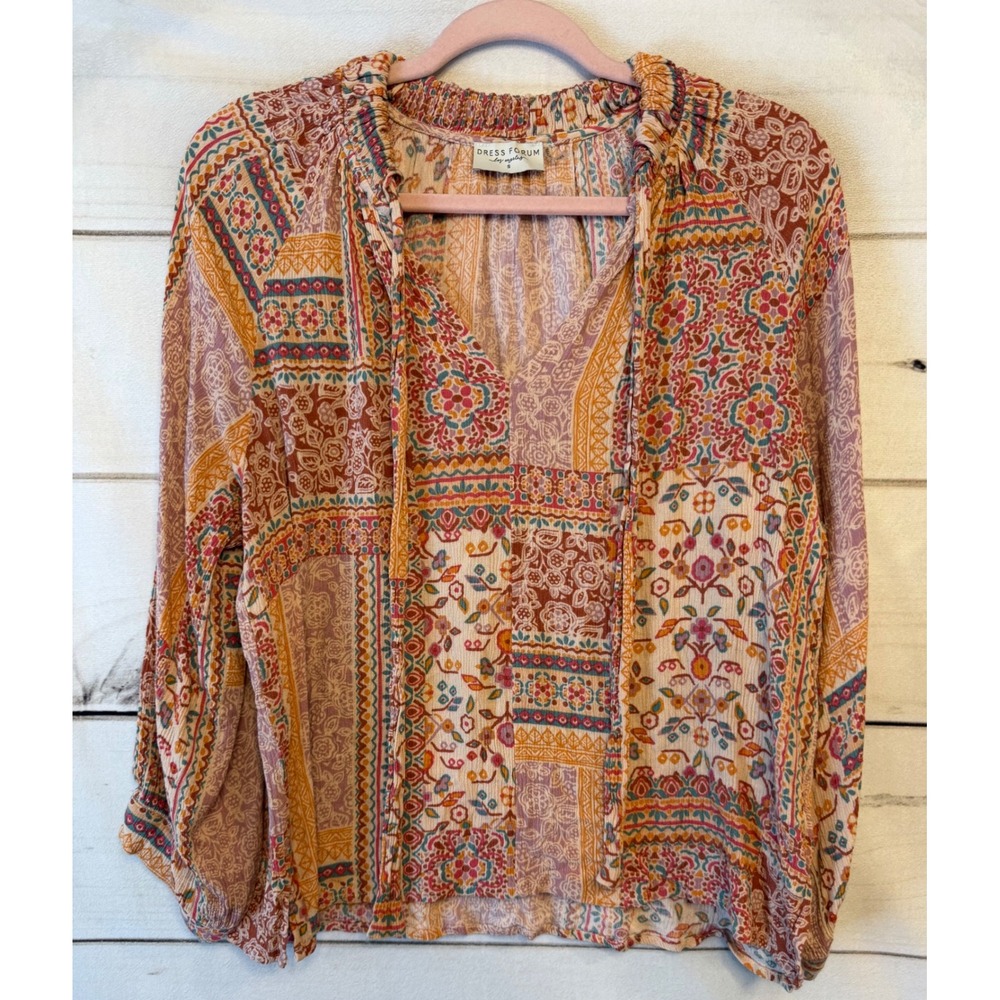 Dress Forum Los Angeles Boho Patchwork Print Tie Neck Blouse FT11178-P1194 Small